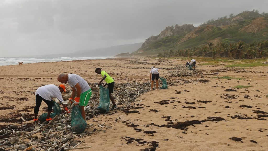 Volunteers working together to clean a beach, contributing to environmental care, an act of kindness